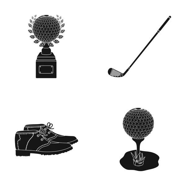 Copa, clube de golfe, bola no carrinho, sapatos de golfista. Ícones de coleção de conjunto de clube de golfe em estilo preto símbolo vetorial ilustração web . — Vetor de Stock