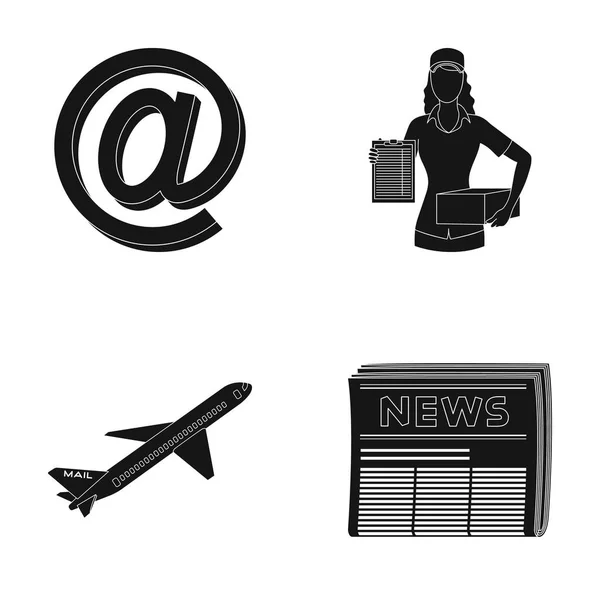 Email symbol, corriere con pacco, aereo postale, pacco di giornalisti.Mail e postino set icone di raccolta in stile nero vettore simbolo stock illustrazione web . — Vettoriale Stock