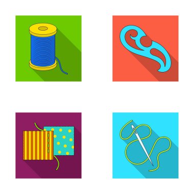 Bir makara ile konu, bir iğne, bir curl, kumaş dikiş. Dikiş veya araçları terzilik toplama simgeler düz stil vektör simge stok çizim web ayarla.