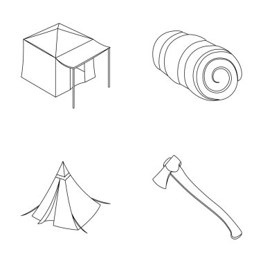 Çadır Tente, ax ve diğer aksesuarları ile. Çadır toplama simgeler anahat stili vektör simge stok çizim web içinde ayarla..