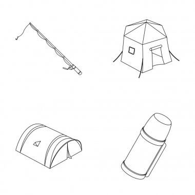 Balık tutma, çadır, termos için iplik. Çadır toplama simgeler anahat stili vektör simge stok çizim web içinde ayarla..