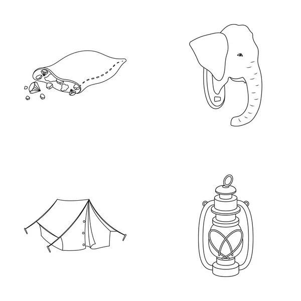 A bag of diamonds, an elephants head, a kerosene lamp, a tent. African safari set collection icons in outline style vector symbol stock illustration web. — Stock Vector