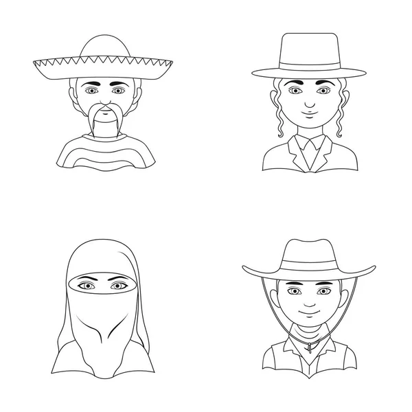 Un mexicano, un judío, una mujer de Oriente Medio, un americano. La raza humana conjunto de iconos de colección en el contorno de estilo vector símbolo stock ilustración web . — Vector de stock