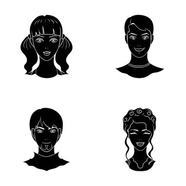 Gençlerin farklı görünüyor. Avatar ve yüz toplama simgeler siyah stil vektör simge stok çizim web ayarla.