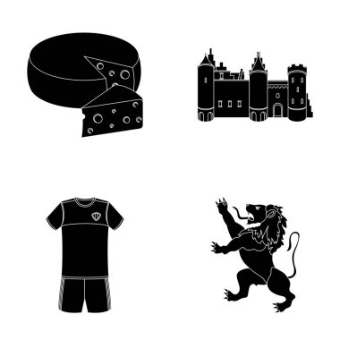 Peynir, aslan ve ülkenin diğer simgeler. Belçika toplama simgeler siyah stil vektör simge stok çizim web içinde ayarla..
