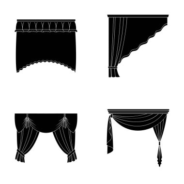 Pencere perdeleri farklı türleri. Perdeleri toplama simgeler siyah stil vektör simge stok çizim web içinde ayarla..