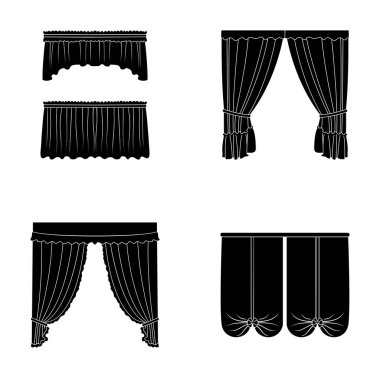 Pencere perdeleri farklı türleri. Perdeleri toplama simgeler siyah stil vektör simge stok çizim web içinde ayarla..