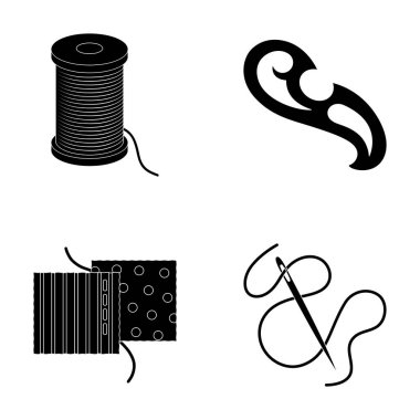 Bir makara ile konu, bir iğne, bir curl, kumaş dikiş. Dikiş veya araçları terzilik toplama simgeler siyah stil vektör simge stok çizim web ayarla.