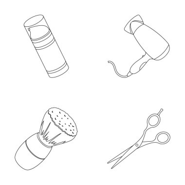 Fırça, makas, elektrikli saç kurutma makinesi ve ekipman erkek Kuaför salonu için diğer. Berber Dükkanı toplama simgeler anahat stili vektör simge stok çizim web içinde ayarla..