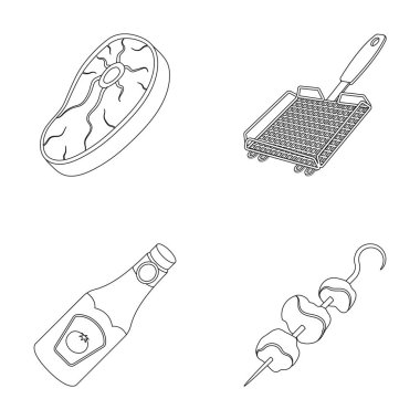 Çiğ et biftek, saplı ızgara, şişe ketçap, şiş kebap. Barbekü toplama simgeler anahat stili vektör simge stok çizim web içinde ayarla..