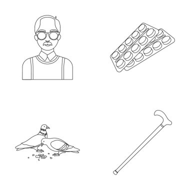 Yaşlı erkekler, tablet, güvercinler, baston yürüme. Yaşlılık toplama simgeler anahat stili vektör simge stok çizim web içinde ayarla..