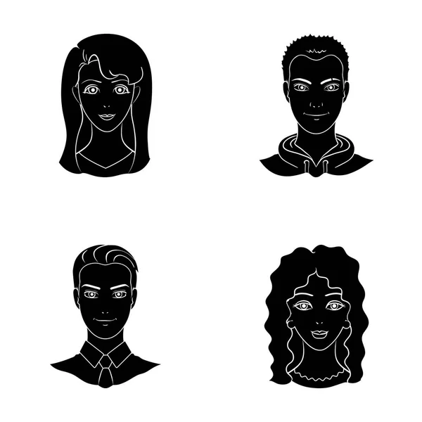 Różne spojrzenia na młodych ludzi. Avatar i twarz zestaw kolekcji ikon w czarny styl wektor symbol ilustracji w sieci web. — Wektor stockowy