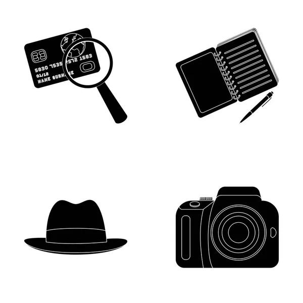 Câmera, lupa, chapéu, notebook com caneta. Detetive conjunto coleção ícones em estilo preto símbolo vetorial estoque ilustração web . — Vetor de Stock