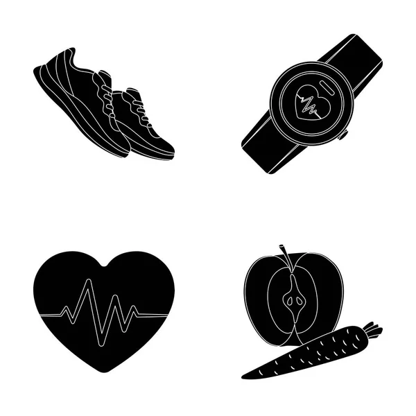 Heart rhythm, vitamins and other equipment for training.Gym and workout set collection icons in black style vector symbol stock illustration web. — Stock Vector