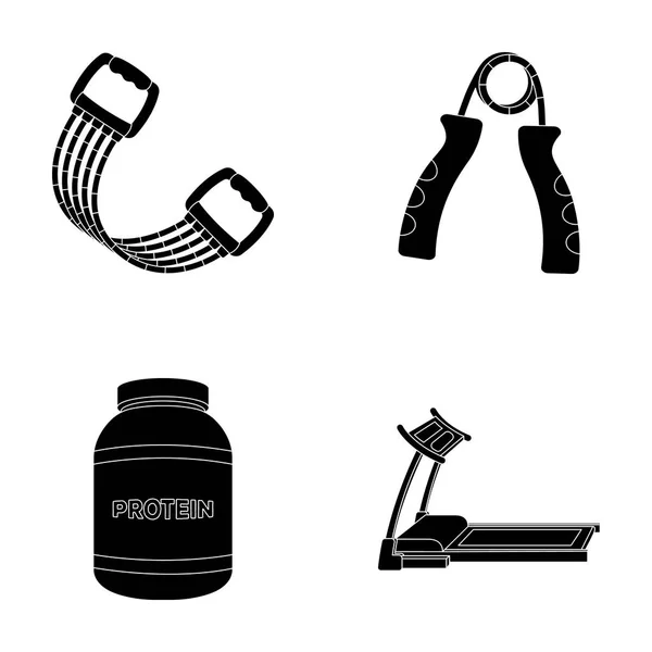 Proteine, espansore e altre attrezzature per l'allenamento.Icone per la raccolta di palestra e set di allenamento in stile nero simbolo vettoriale illustrazione web . — Vettoriale Stock