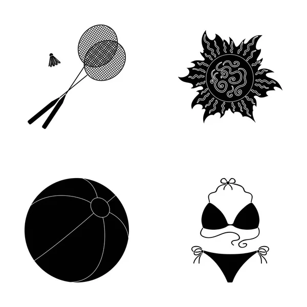 Un juego de bádminton, una bola y el sol.Iconos de colección conjunto de vacaciones de verano en el estilo negro vector símbolo stock ilustración web . — Vector de stock