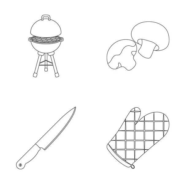 Barbecue grill, champignons, mes, barbecue mitten. BBQ-set collectie iconen in omtrek stijl symbool voorraad vectorillustratie, web — Stockvector