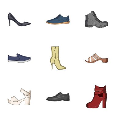 Ayakkabı çeşitli simgeler kümesi. Farklı ayakkabı tek karikatür tarzı vektör simge stok çizim simgesini.