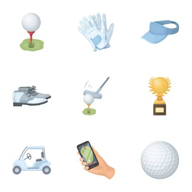 Bir golfçü, bir top, bir kulüp ve diğer golf öznitelikleri. Golf club toplama simgeler karikatür tarzı vektör simge stok çizim web içinde ayarla..