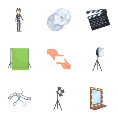 Bir film kamera, bir ışıldak, bir chromakey ve diğer ekipmanları sinema için. Toplama simgeler karikatür tarzı vektör simge stok çizim web içinde ayarla filmini.