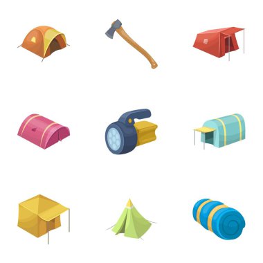 Çadır ve diğer turistik aksesuarlar çeşitli. Çadır toplama simgeler karikatür tarzı vektör simge stok çizim web içinde ayarla..