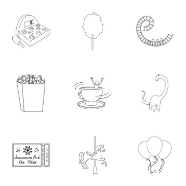 Eğlence parkı ile gidiyor. Bir eğlence parkı, panik odası, pamuk şeker öznitelikleri. Anahat stili vektör simge stok çizim üzerinde küme koleksiyon simgesinde eğlence parkı.