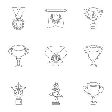 Ödülleri, altın madalya ve kupaları yarışmalar ve yarışmalarda ödül olarak. Anahat stili vektör simge stok çizim üzerinde küme koleksiyon kupalar ve ödüller simgesini.