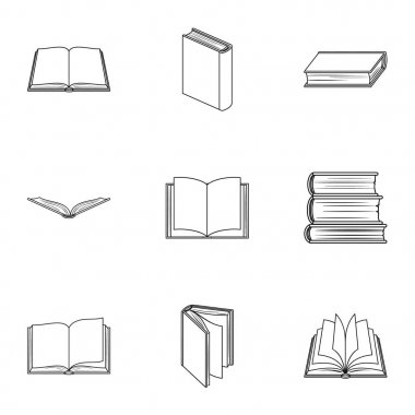 Bir dizi fotoğraf kitap ile. Kitap, defter, çalışmalar. Anahat stili vektör simge stok çizim üzerinde küme koleksiyon kitap simgesini.