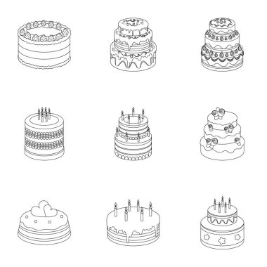 Kek için belgili tanımlık tatil. Bir dizi farklı tatlılar. Güzel dekore edilmiş Pastalar ve kekler. Anahat stili vektör simge stok çizim üzerinde küme koleksiyon simgesinde kek.