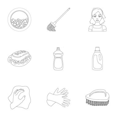 Temizleme, yıkama ve her şey onunla bağlantılı. Temizlik için simgeler kümesi. Anahat stili vektör simge stok çizim üzerinde küme koleksiyon temizlik ve hizmetçi simgesini.