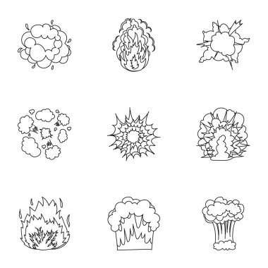 Simgeleri patlama hakkında bir dizi. Çeşitli patlamalar, duman ve ateş bulutu. Anahat stili vektör simge stok çizim üzerinde küme koleksiyon simgesinde patlamalar.