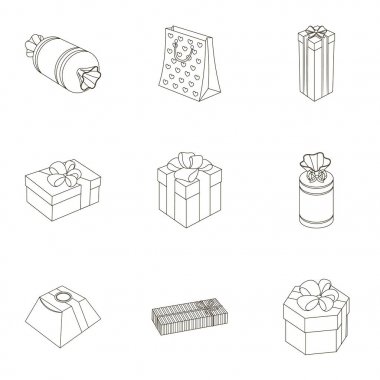 Bir dizi fotoğraf hediyeler. Farklı tatil, sürpriz hediyeler. Hediye paketleme. Hediyeler ve sertifika simge anahat stil vektör üzerinde küme koleksiyon içinde hisse senedi illüstrasyon simgesi.
