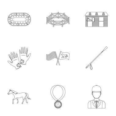 Yarışları at sırtında, Hipodrom. Yarış ve biniciler teçhiz at. Anahat stili vektör simge stok çizim üzerinde küme koleksiyon Hipodrom ve at simgesini.