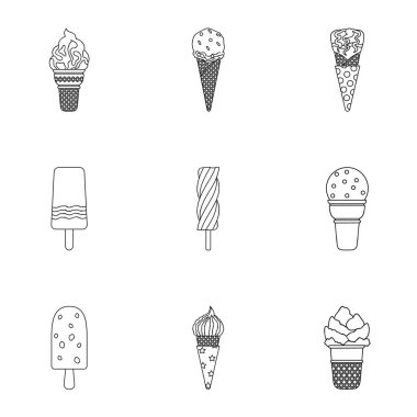 Yaz tatlılar dondurma. Buz, meyve, süt. Anahat stili vektör simge stok çizim üzerinde küme koleksiyon içinde buz creamicon.