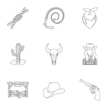Kovboy resimleri kümesi. Kovboyların ranch, atları, silahları, kamçı. Anahat stili vektör simge stok çizim üzerinde küme koleksiyon simgesinde Rodeo.