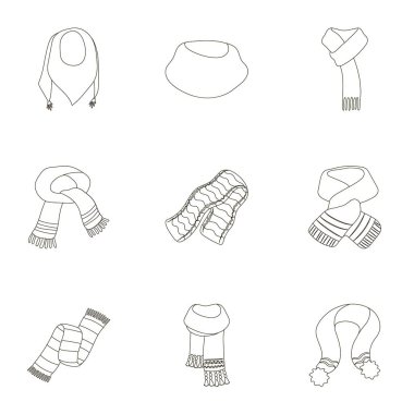 .Güzel yün, ipek, ipek renkli sıcak eşarplar, şallar. eşarp ve anahat stili ayarlamak koleksiyonu shawles simgesinde sembol stok illüstrasyon vektör.