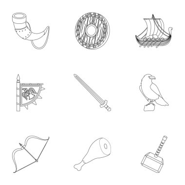 Eski savaşçılar Viking gemi. Kıyafet ve sembolleri anahat stil vektör üzerinde küme koleksiyon Vikings.Vikings simgesinde hisse senedi illüstrasyon simgesi.