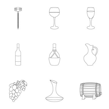 Şarap ürünleri. Büyüyen üzüm, şarap. Anahat stili vektör simge stok çizim üzerinde küme koleksiyon asma üretim simgesini.