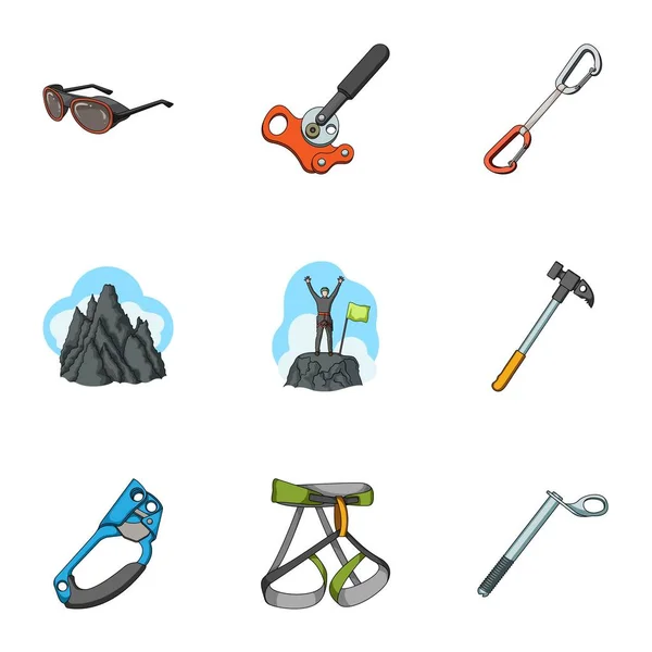 Ice ax, conquered top, mountains in the clouds and other equipment for mountaineering.Mountaineering set collection icons in cartoon style vector symbol illustration web . — стоковый вектор