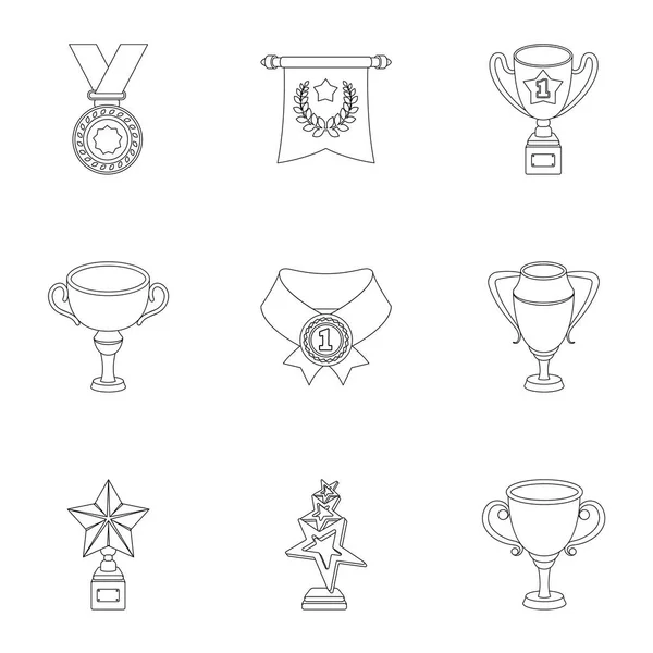 Βραβεία, χρυσά μετάλλια και κύπελλα ως βραβεία σε διαγωνισμούς και διαγωνισμούς. Βραβεία και τρόπαια εικονίδιο στο σύνολο συλλογής στο περίγραμμα στυλ διάνυσμα σύμβολο απόθεμα ενδεικτικά. — Διανυσματικό Αρχείο