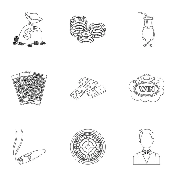 El conjunto de símbolos de juegos de casino. Apostando por dinero. Chips, dominó, casino. Casino y el icono de juego en la colección de conjuntos en el esquema de estilo vector símbolo stock ilustración . — Vector de stock