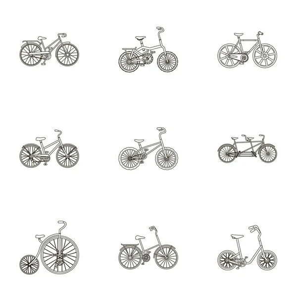 Συλλογή σε ποδήλατα με διαφορετικούς τροχούς και τα πλαίσια. Διαφορετικά Ποδήλατα σπορ και περιπάτους. Διαφορετικών ποδηλάτων εικονίδιο στο σύνολο συλλογής στο περίγραμμα στυλ διάνυσμα σύμβολο απόθεμα ενδεικτικά. — Διανυσματικό Αρχείο