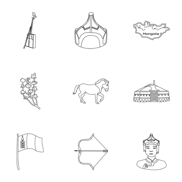 Mongoolse nationale kenmerken. Pictogrammen instellen over Mongolia.Clothing, soldaten, apparatuur. Mongolië-pictogram in de set collectie op overzicht stijl vector symbool stock illustratie. — Stockvector