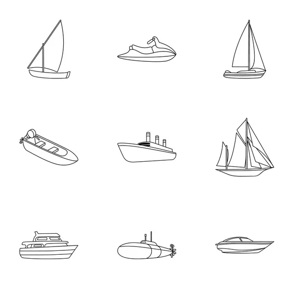 Deniz ulaşımı, tekneler, gemiler. İnsanların, gök gürültülü ulaşım için. Anahat stili vektör simge stok çizim üzerinde küme koleksiyon gemi ve su taşıma simgesinde. — Stok Vektör