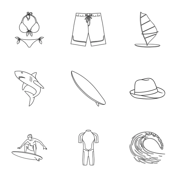 Una colección de imágenes sobre el tema de la playa, el mar, el surf. Rescatadores de la playa.Icono de surf en la colección de conjuntos en el estilo de esquema símbolo vectorial stock illustration . — Vector de stock