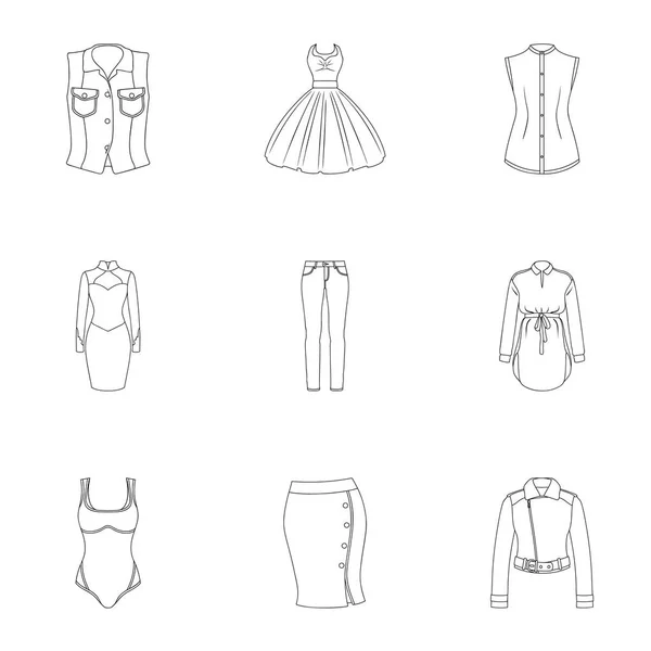 婦人服のアイコンのコレクションです。仕事、ウォーキング、スポーツの様々 なレディース服。女性の服のアウトライン スタイルのベクトルのセットのコレクションのアイコン シンボル ストック イラスト. — ストックベクタ