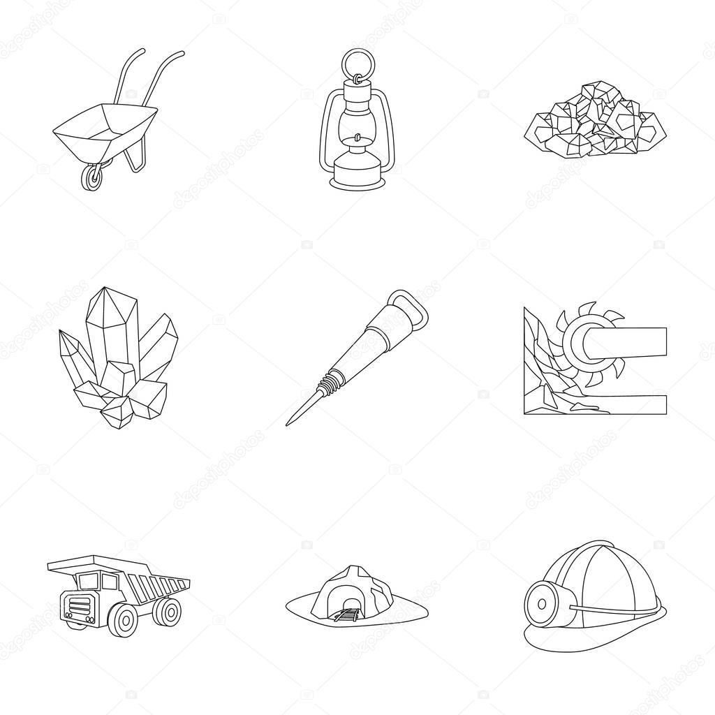 Set of icons about the mine. The extraction of coal, minerals, protection of the miners. Processing of coal.Mine industral icon in set collection on outline style vector symbol stock illustration.