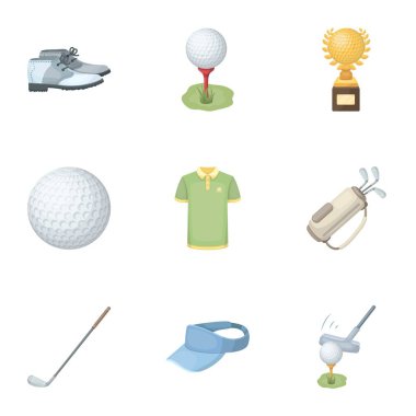 Bir golfçü, bir top, bir kulüp ve diğer golf öznitelikleri. Golf club toplama simgeler karikatür tarzı vektör simge stok çizim web içinde ayarla..