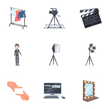 Bir film kamera, bir ışıldak, bir chromakey ve diğer ekipmanları sinema için. Toplama simgeler karikatür tarzı vektör simge stok çizim web içinde ayarla filmini.