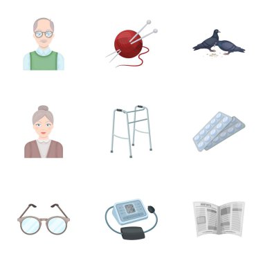 Koltuk, terlik, tonometer ve diğer öznitelikleri yaşlılık. Yaşlılık toplama simgeler karikatür tarzı vektör simge stok çizim web içinde ayarla..